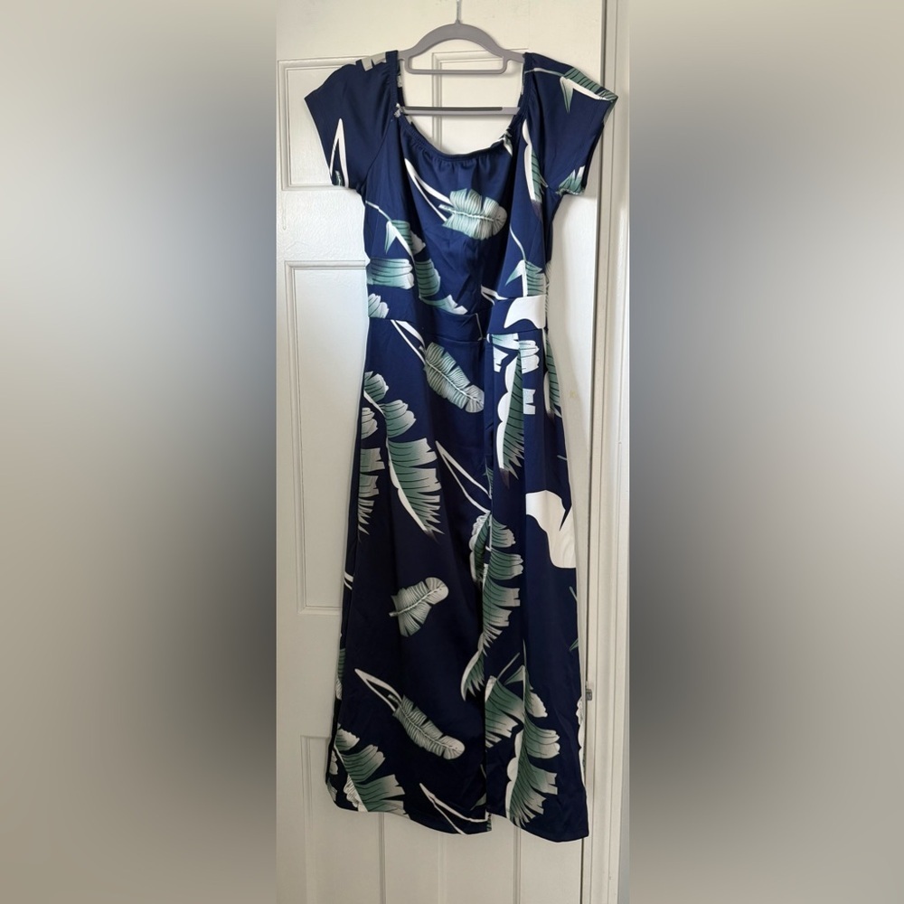 Navy Tropical Leaf A-Line Dress
